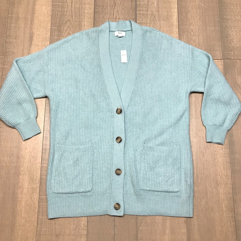 aerie Seafoam Blue Ribbed Button Cardigan